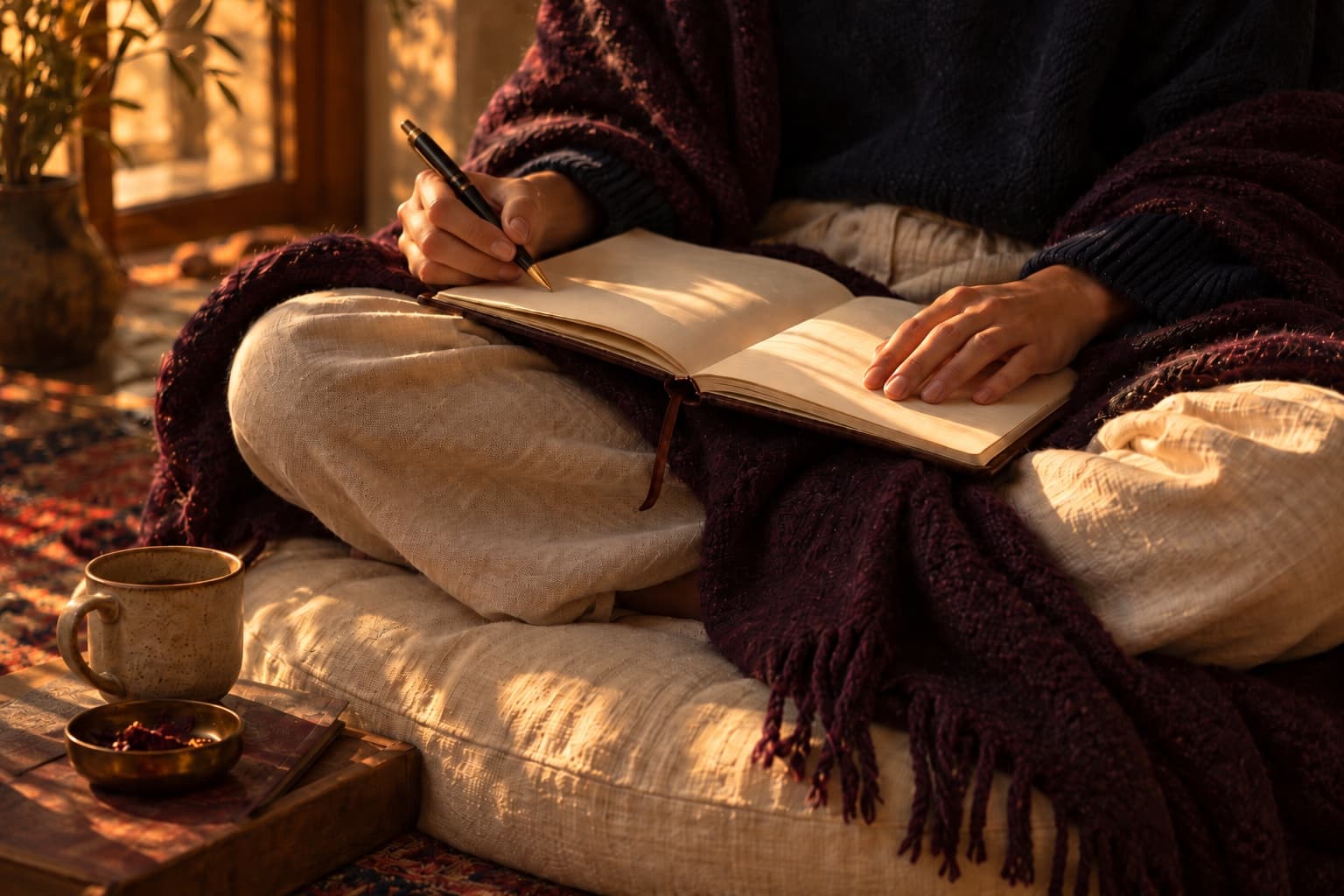 A journal open on a lap under a plum throw, a pen in hand, golden light