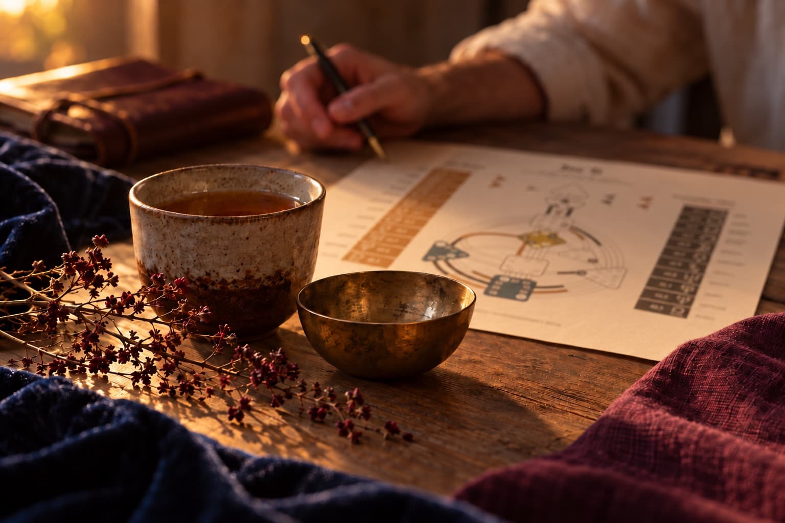 A Human Design chart on a wooden table at golden hour, a hand with a pen beyond a cup of tea, a brass bowl and dried flowers