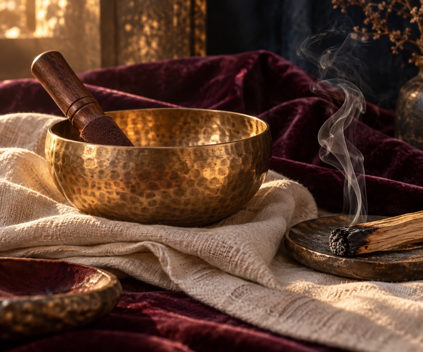 A brass singing bowl, its striker and smoking palo santo resting on cream linen