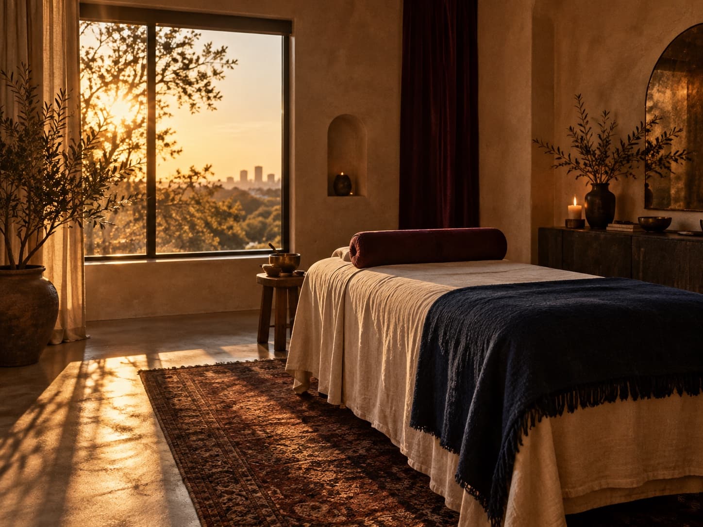 A quiet bodywork room with a cream table and a navy blanket, the Austin skyline at golden hour beyond