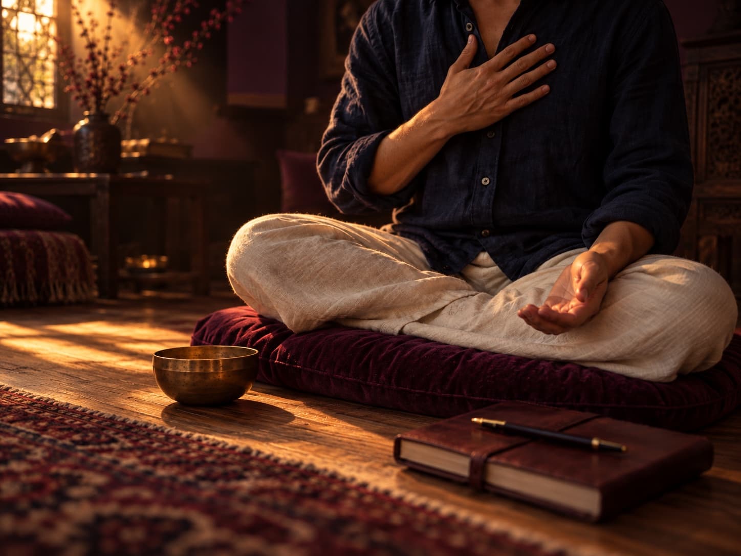 A person seated on a plum cushion, one hand resting on their chest, listening inward, in low golden light