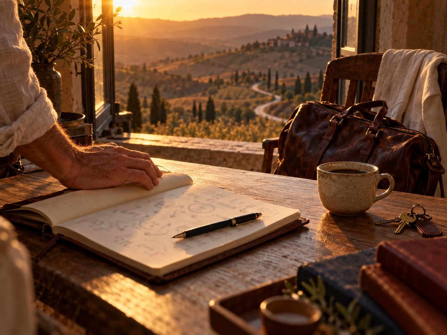 A desk by an open window at golden hour, a notebook with a plan, keys and a leather bag ready to go