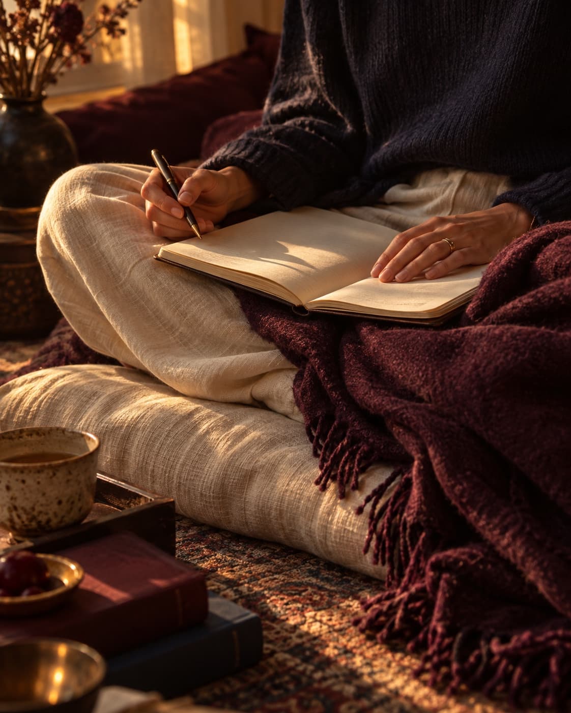 A journal open on a lap under a plum throw, pen in hand